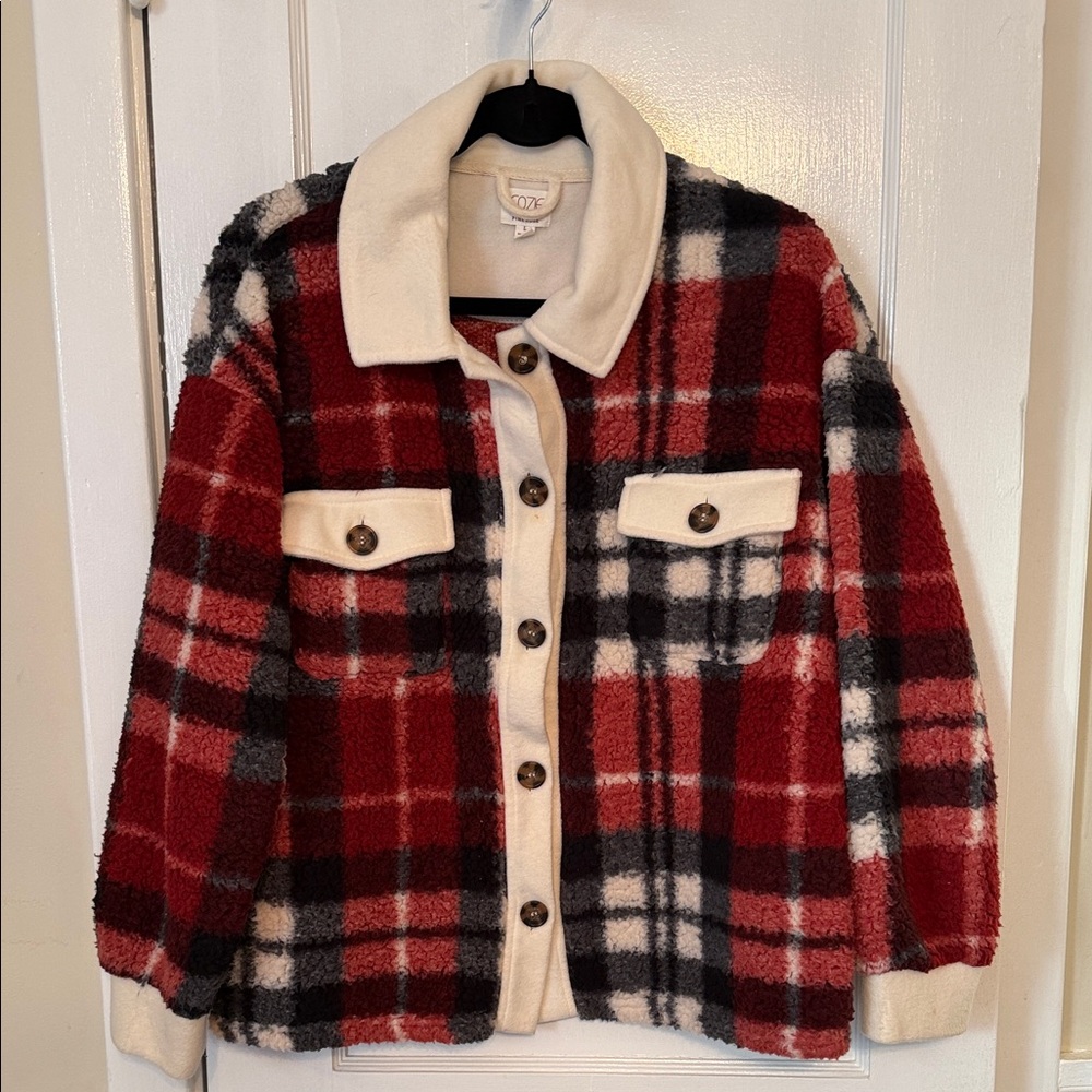 Cozy Plaid Sherpa Jacket - Red/Black/White